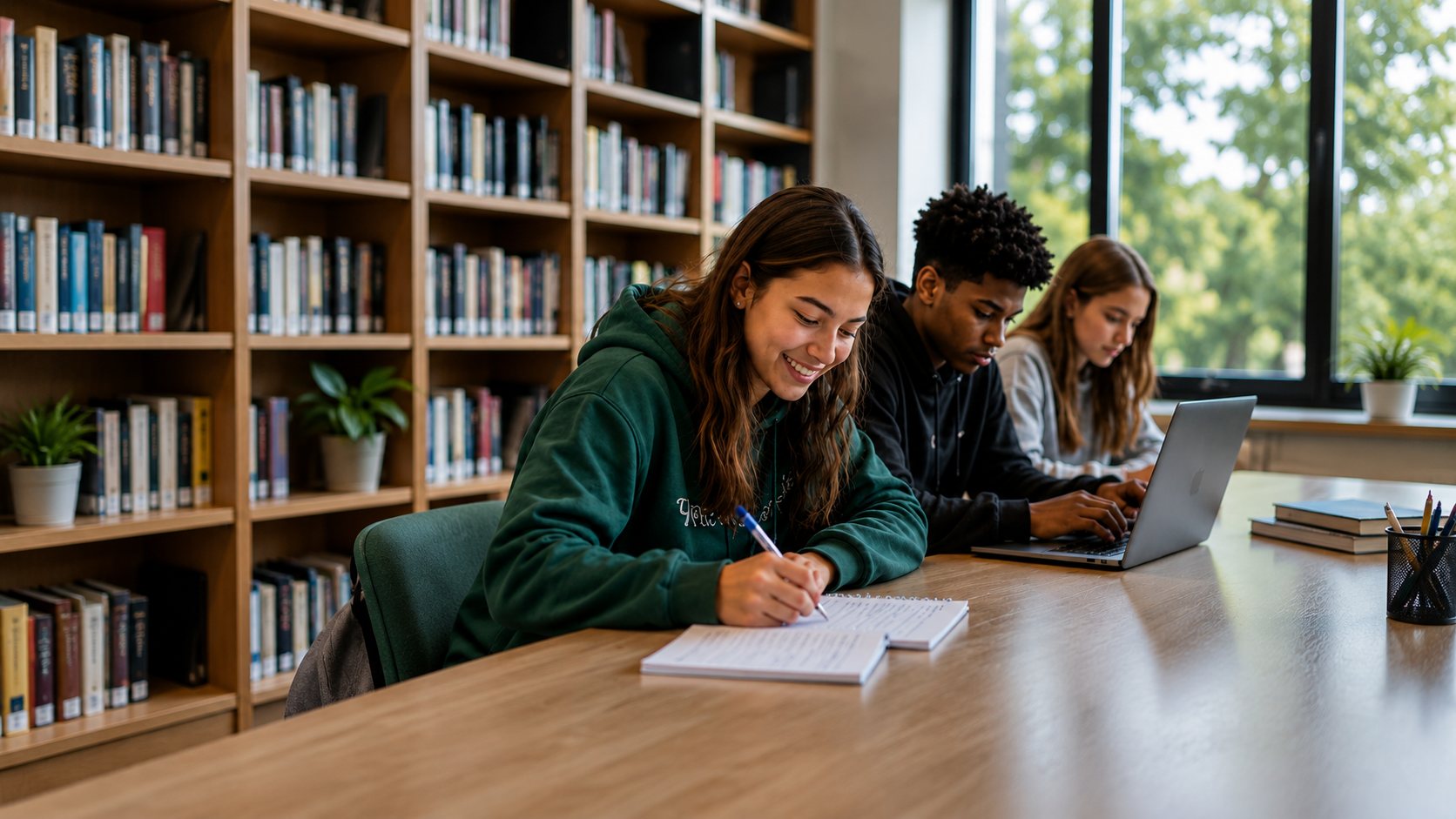 Students working together in a library setting