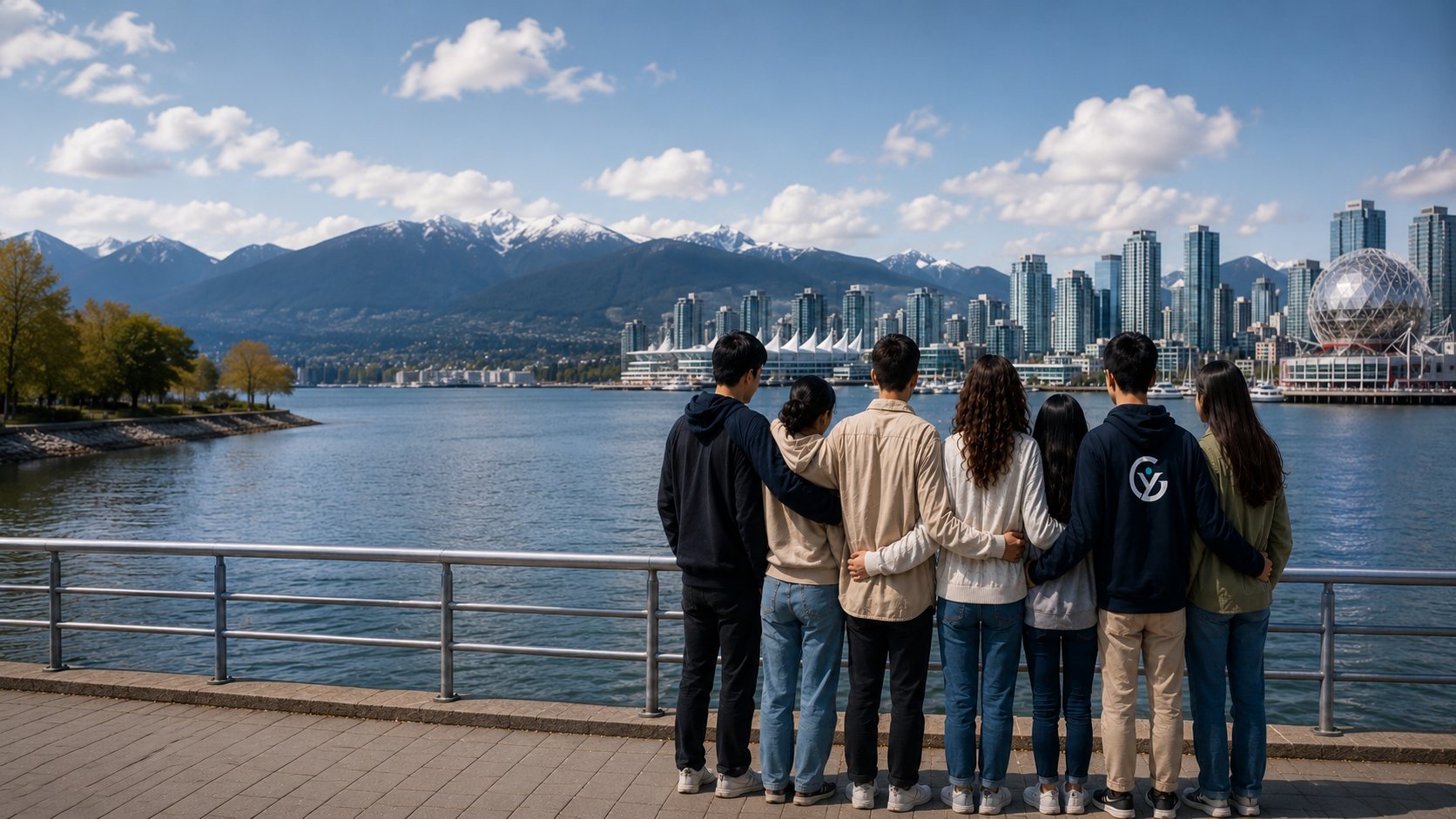 A group of youth looking across a city waterfront