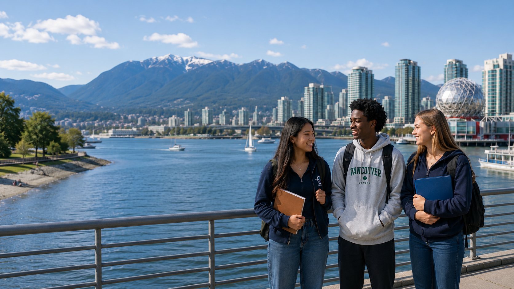 Young leaders standing together by a city waterfront